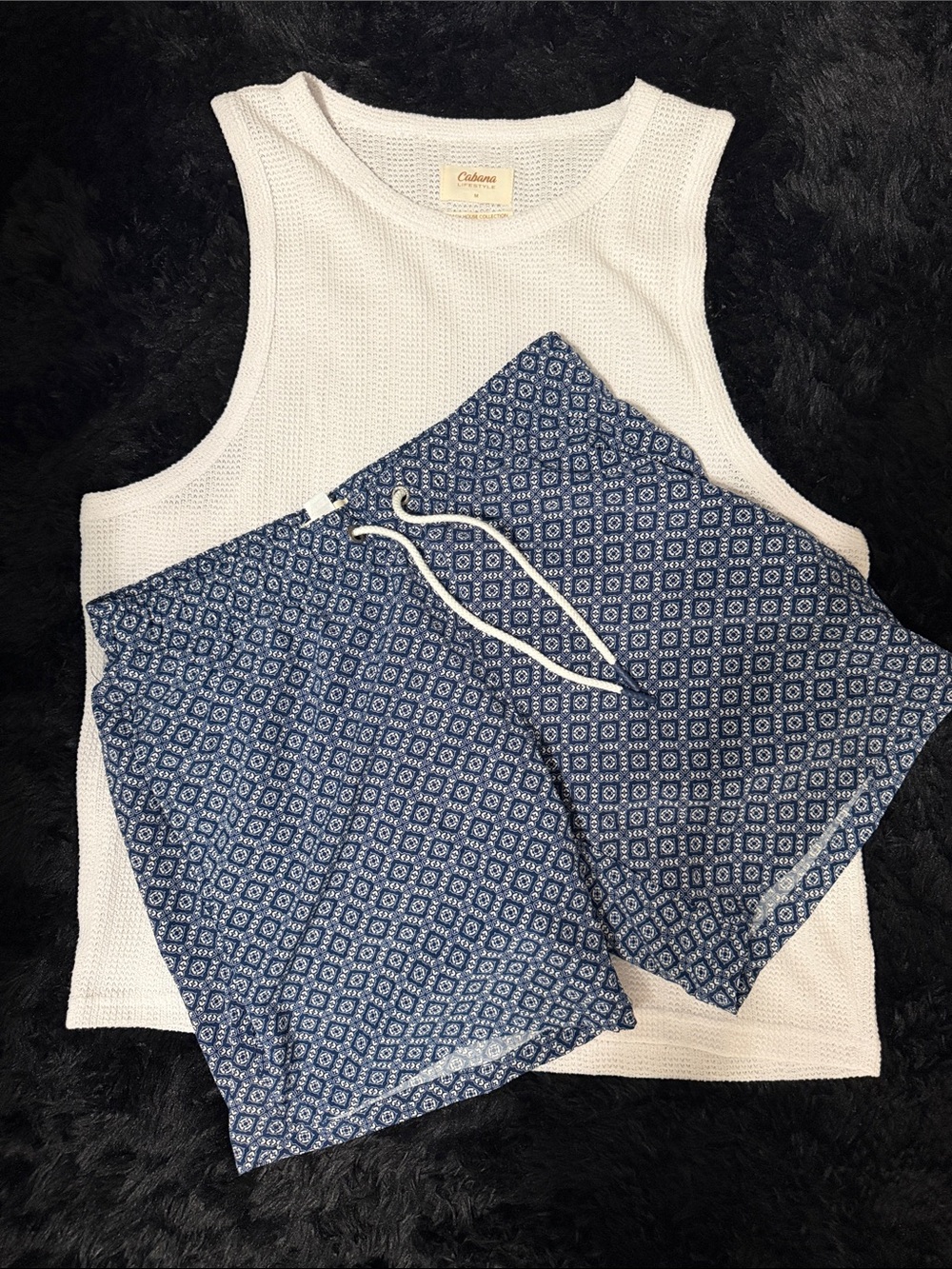 Cabana Life White Knit Tank Top with Blue Patterned Swim Shorts